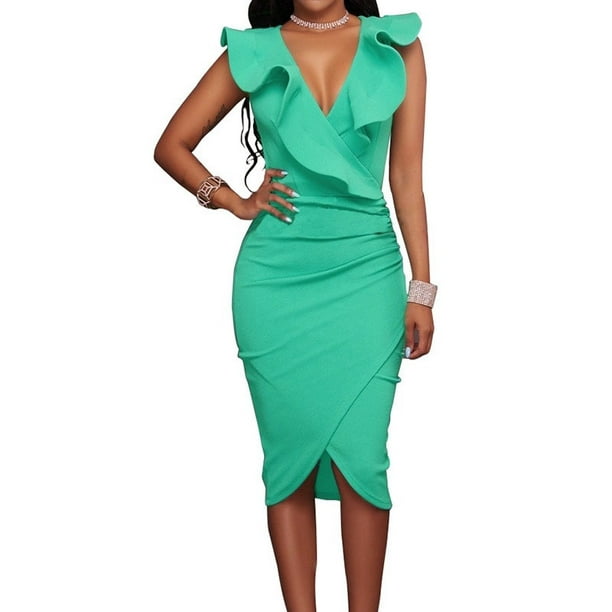 Fashion Women Off Shoulder Solid Color Ruffle Business Ladies OL Bodycon Dress 
